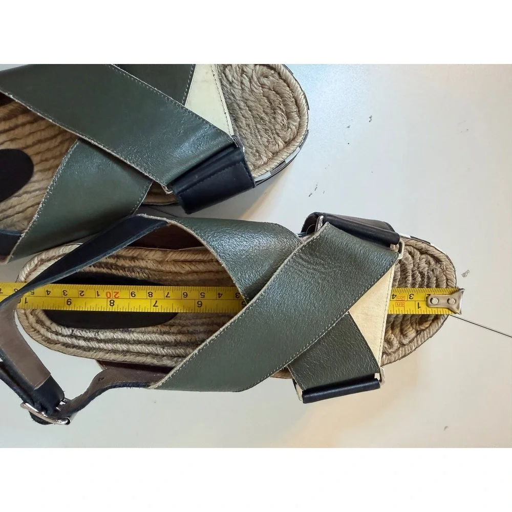 Marni Olive Green Leather Espadrille Platform Slingback Sandals Striped Trim